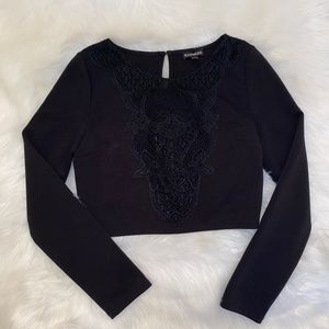 Express front lace top cropped long sleeve blouse. black  size XS